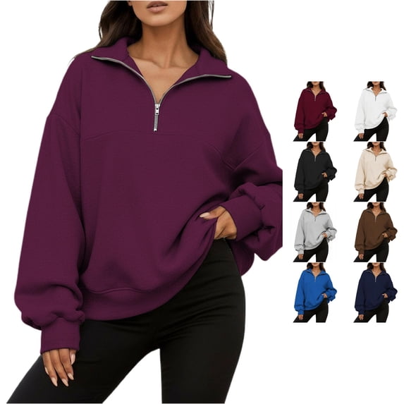 RUTAYY Women's Sweatshirt Half Zip Stand Collar Long Sleeve Casual Loose Fit Outerwear Tops Autumn Winter Fashion Comfortable Soft Pullover Sweatshirt Purple