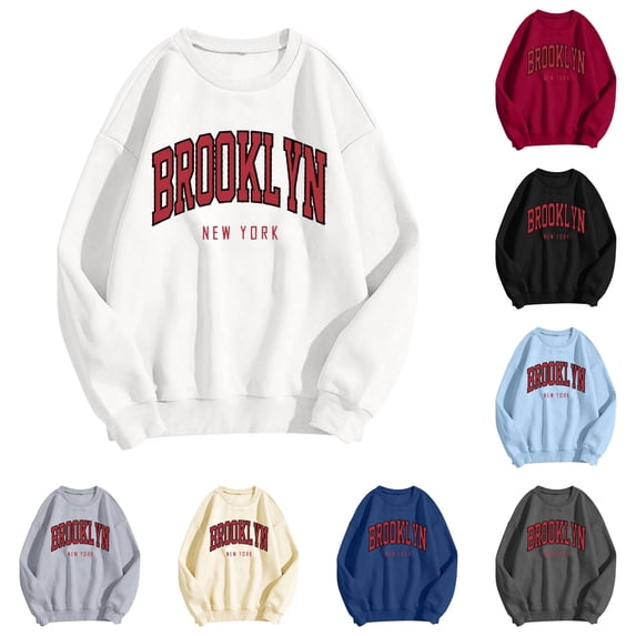 RUTAYY Women's Sweatshirt Long Sleeve Relaxed Fit Vintage Brooklyn City Graphic Layering Pullover Tops White
