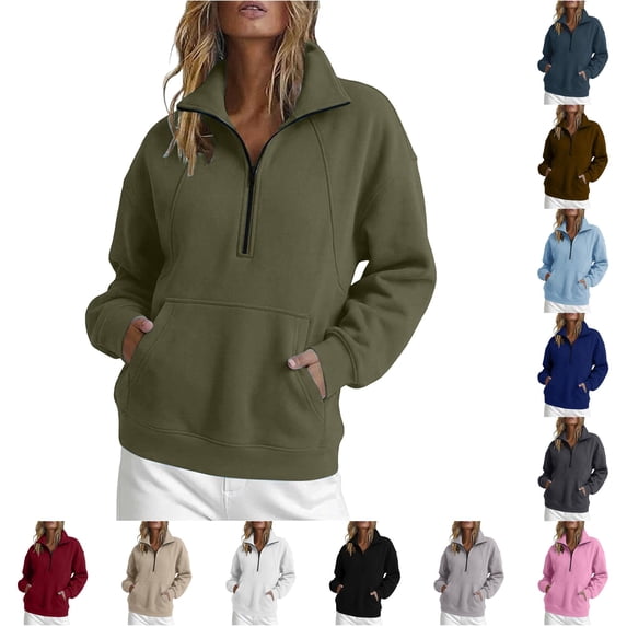 RUTAYY Women's Sweatshirt Long Sleeve Solid Color Quarter Zip Stand Collar Front Pocket Pullover Tops Army Green