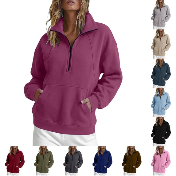 RUTAYY Women's Sweatshirt Long Sleeve Solid Color Quarter Zip Stand Collar Front Pocket Pullover Tops Purple