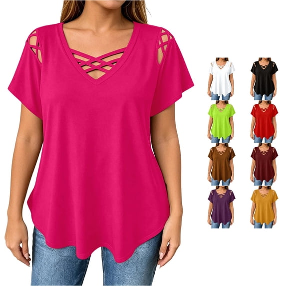 RUTAYY Women's T-Shirt Elegant Plus Size V-Neck Short Sleeve Tee Shirts Solid Color Strap Detail Casual Tops Classic Stylish Tees