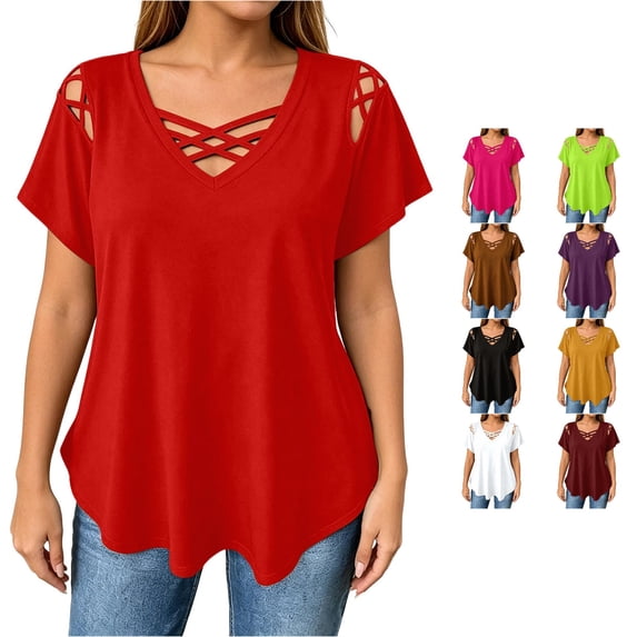 RUTAYY Women's T-Shirt Elegant Plus Size V-Neck Short Sleeve Tee Shirts Solid Color Strap Detail Casual Tops Trendy Trip Tees