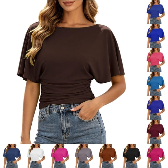 RUTAYY Women's T-Shirt Elegant Solid Color Batwing Short Sleeve Crew Neck Tee Shirts Casual Everyday Wear Trendy Vacation Tees