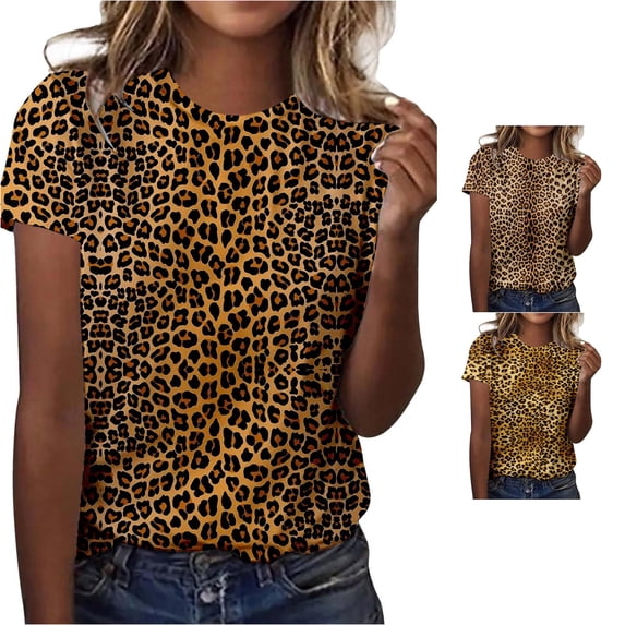 RUTAYY Women's T-Shirt Leopard Print Short Sleeve Tee Shirts Casual Crew Neck Tops Soft Comfortable Daily Wear Trendy Trip Tees