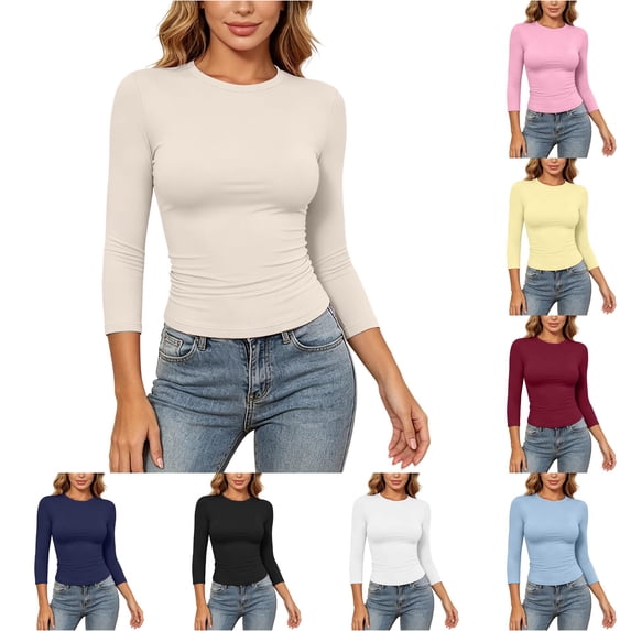 RUTAYY Women's T-Shirt Solid Color Long Sleeve Cropped Basic Tops Slim Fit Tee Shirts Casual Crew Neck Tops Fashion Beach Tees