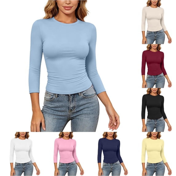 RUTAYY Women's T-Shirt Solid Color Long Sleeve Cropped Basic Tops Slim Fit Tee Shirts Casual Crew Neck Tops Holiday Chic Tees