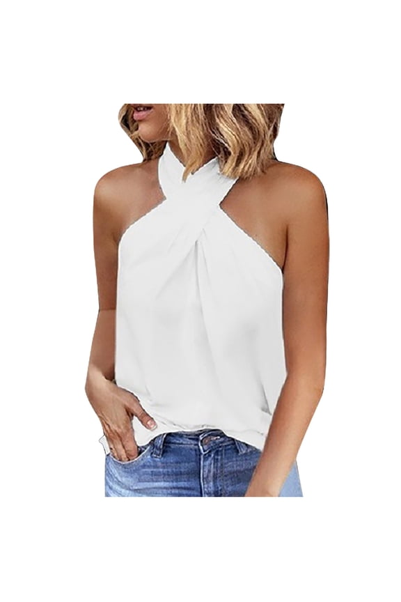 Women's T Shirt Solid Color Sleeveless Halterneck Vest Comfortable Breathable Tops Vacation Playful Tshirts