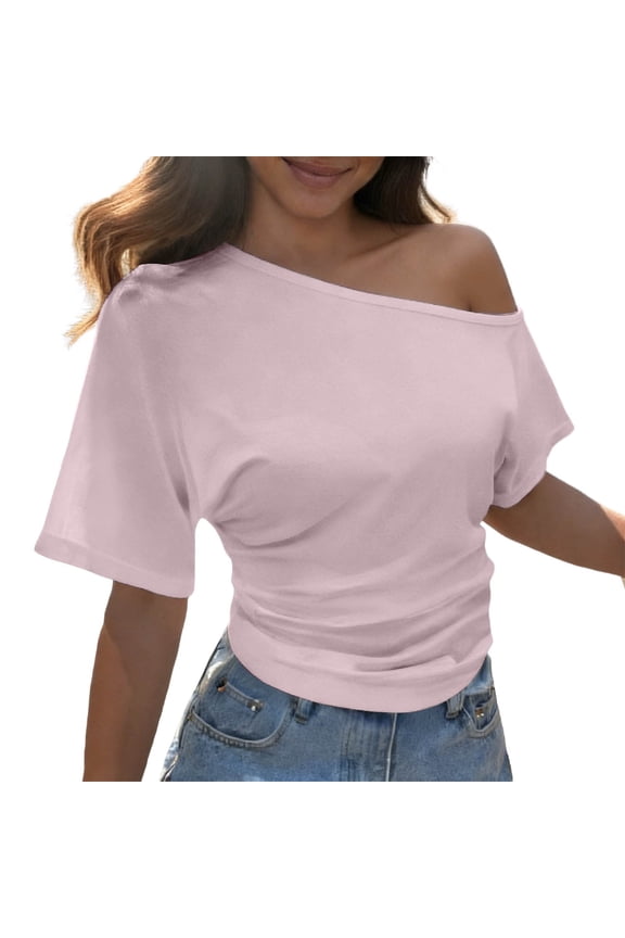 Women's T-Shirt Summer Short Sleeve Blouse Off Shoulder Solid Color Slim Fit Casual Tops Trendy Vacation Tees