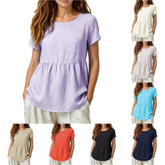 RUTAYY Women's T-Shirts Loose Solid Color Crew Neck Short Sleeve Pleated Tees Comfortable Breathable Classic Seaside Tops