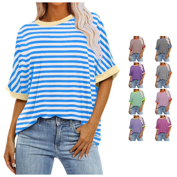 RUTAYY Women's T-Shirts Summer Casual Crew Neck Loose Striped Short Sleeve Comfortable Breathable Daily Wear Travel Vacation Tops