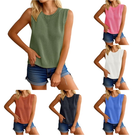 RUTAYY Women's Tank Tops Solid Color Crew Neck Backless Tie Up Sweater Sleeveless Knit Open Back Crochet Pullover Tops Trendy Vacation Vest
