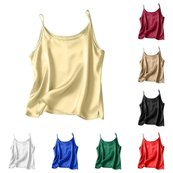 RUTAYY Women's Tank Tops Solid Color Crew Neck Satin Camisole Tops Sleeveless Basic Layering Tops Classic Versatile Vest