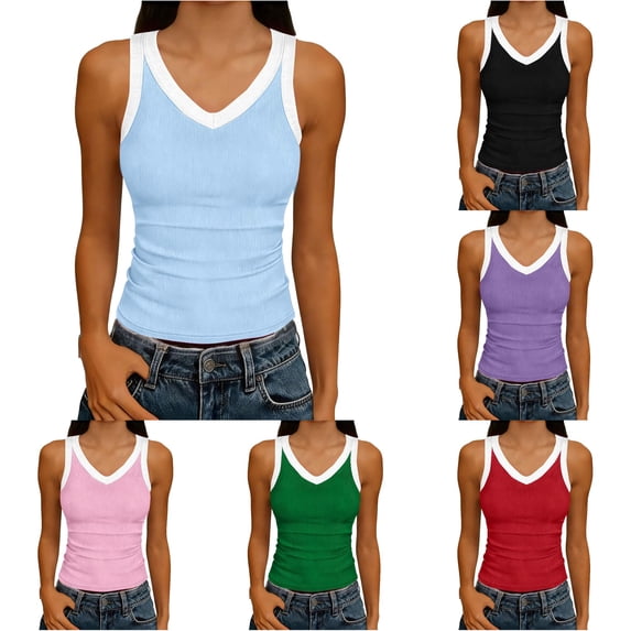 RUTAYY Women's Tank Tops Summer Ribbed Knit Camisole Sleeveless Tops V-Neck Solid Color Casual Daily Wear Holiday Chic Vest