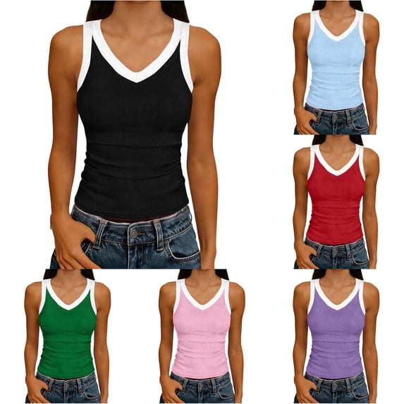 RUTAYY Women's Tank Tops Summer Ribbed Knit Camisole Sleeveless Tops V-Neck Solid Color Casual Daily Wear Trendy Trip Vest