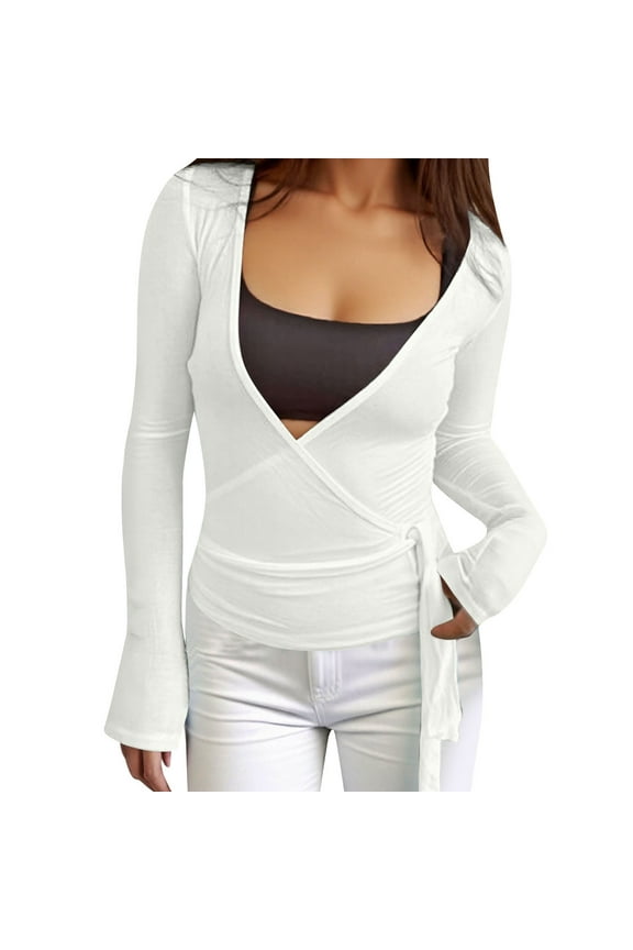 Women's Tie Wrap Crop Shirt Long Sleeve Deep V-Neck Solid Color Slim Fit Dance Yoga Workout Blouse Relaxed Classic Tops