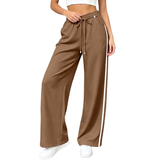 RUTAYY Women's Wide Leg Pants Drawstring Elastic Waist Vertical Side Stripe Side Pockets Casual Sports Comfortable Long Trousers, Khaki