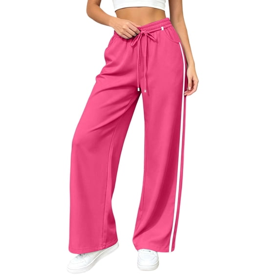 RUTAYY Women's Wide Leg Pants Drawstring Elastic Waist Vertical Side Stripe Side Pockets Casual Sports Comfortable Long Trousers, Red