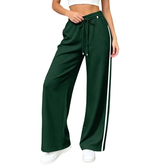 RUTAYY Women's Wide Leg Pants Drawstring Elastic Waist Vertical Side Stripe Side Pockets Casual Sports Comfortable Long Trousers