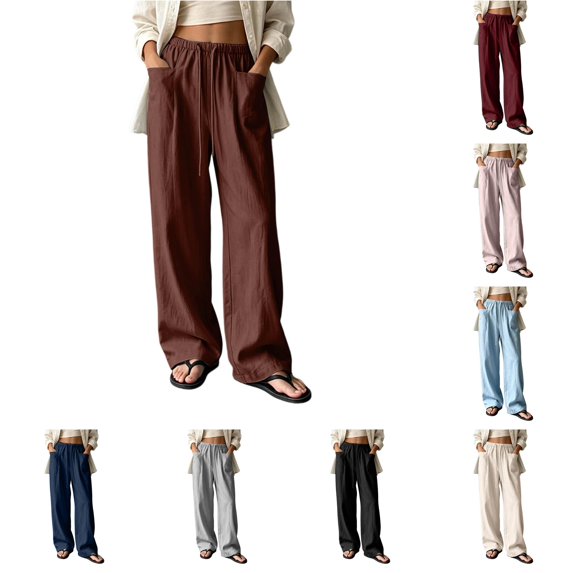 RUTAYY Women's Wide Leg Pants Elastic Waist Drawstring Solid Color Side Pockets Relaxed Fit Casual Trousers Coffee