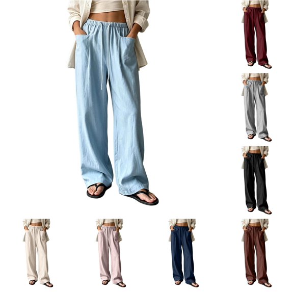 RUTAYY Women's Wide Leg Pants Elastic Waist Drawstring Solid Color Side Pockets Relaxed Fit Casual Trousers Light Blue