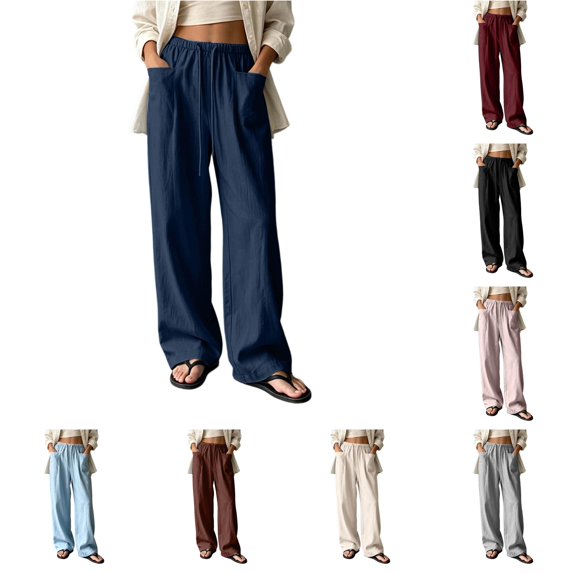 RUTAYY Women's Wide Leg Pants Elastic Waist Drawstring Solid Color Side Pockets Relaxed Fit Casual Trousers Navy