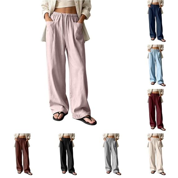RUTAYY Women's Wide Leg Pants Elastic Waist Drawstring Solid Color Side Pockets Relaxed Fit Casual Trousers Pink
