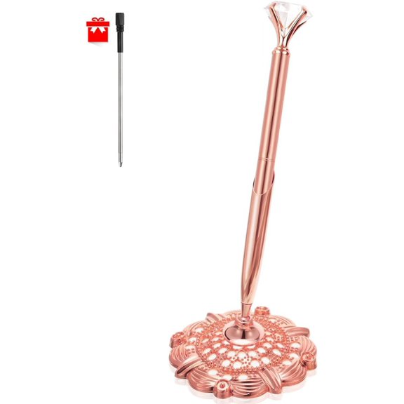 RUTICH Hollow Round Pen Holder Signing Pen Set with Big Diamond Crystal Pen for Wedding Bridal Opening Ceremony Graduation Office, Rose Gold(Black Ink)