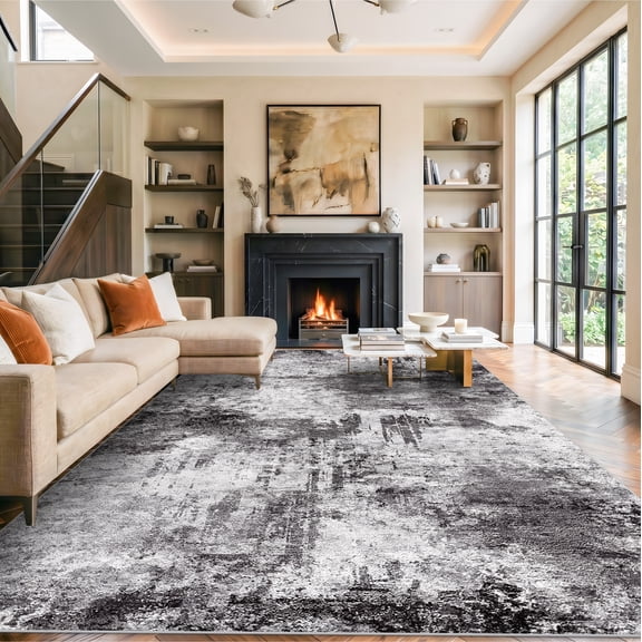 RUUGME 10X14 Abstract Area Rug:Large Washable Living Room Rug Indoor Non Slip Low Pile Carpet for Bedroom Soft Foldable Stain Resistant Distressed Thin Rug for Dining Room Kitchen 10X14 Black A