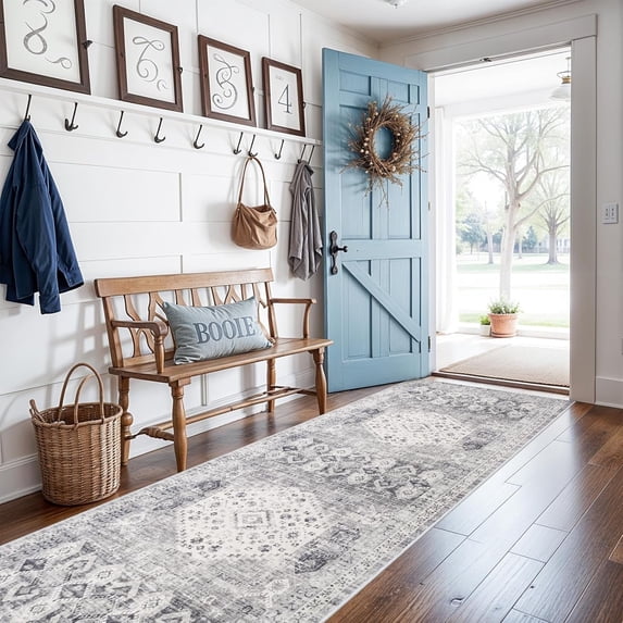 RUUGME 2'6x12 Hallway Runner Rug - Vintage Washable Kitchen Rugs with Non Slip Backing Soft Stain Resistant Carept for Living Room Bedroom Indoor Home Decor Floor Mat for Bathroom (2'6''x12', Grey)