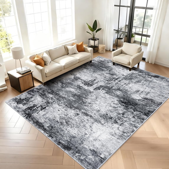 RUUGME 9X12 Abstract Area Rug:Large Washable Living Room Rug Indoor Non Slip Low Pile Carpet for Bedroom Soft Foldable Stain Resistant Distressed Thin Rug for Dining Room Kitchen 9X12 Black A
