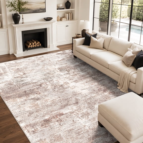 RUUGME 9X12 Abstract Area Rug:Large Washable Living Room Rug Indoor Non Slip Low Pile Carpet for Bedroom Soft Foldable Stain Resistant Distressed Thin Rug for Dining Room Kitchen 9X12 Brown