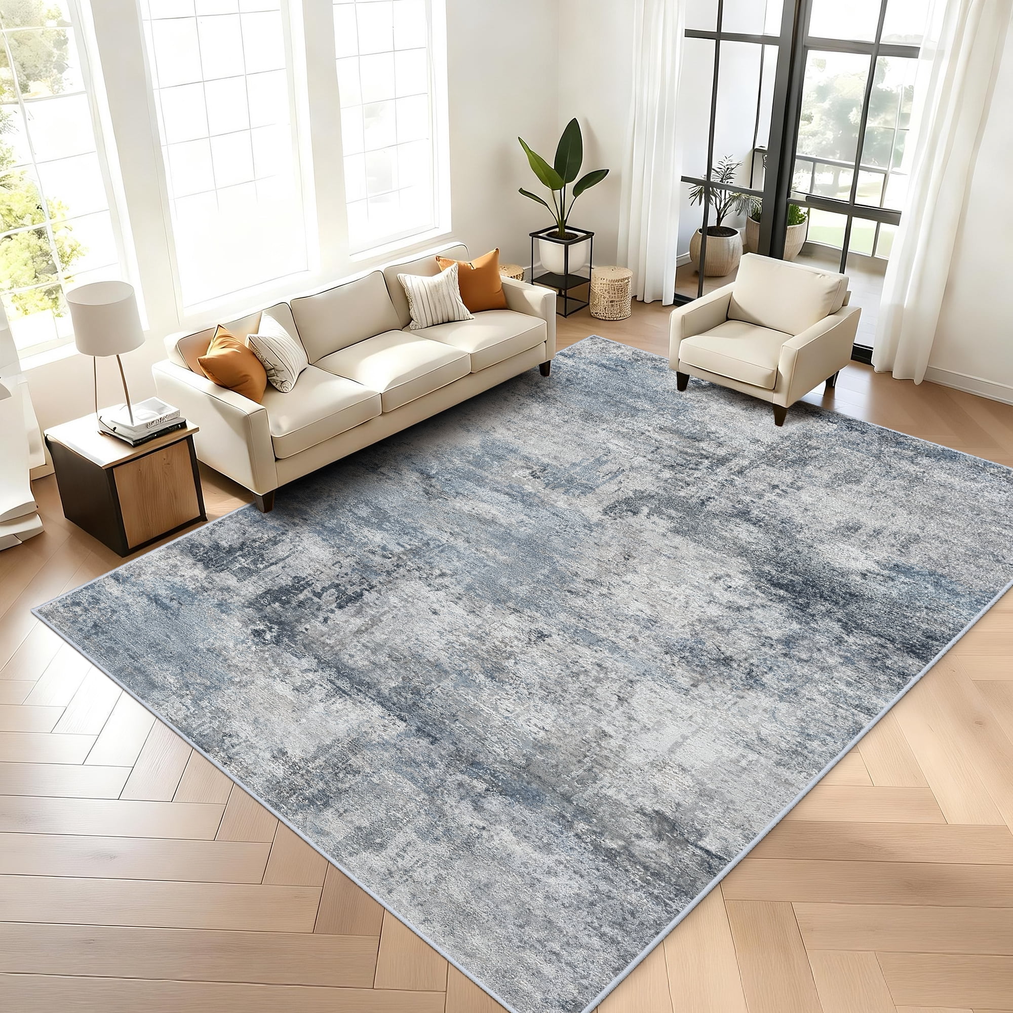 RUUGME Abstract 9x12 Washable Rug - Area Rugs for Living Room Waterproof Large Indoor Ultra Thin mat for Bedroom Stain Resistant Non-Slip Backing Distressed Soft Room Farmhouse Floor Carpet 9X12 Blue