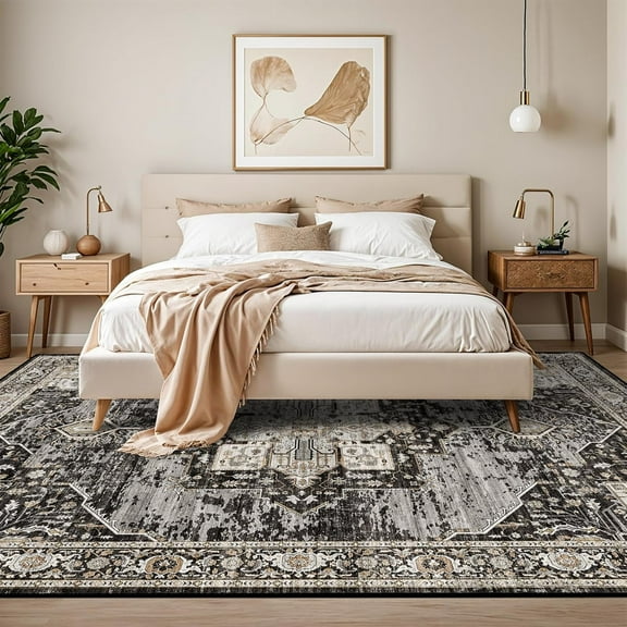 RUUGME Washable 10x14 Area Rug - Soft Area Rugs for Living Room Stain Resistant Carpet Vintage Lightweight Rugs for Bedroom with Non Slip Backing Indoor Ultra-Thin Rugs Home Decor 10x14 Black