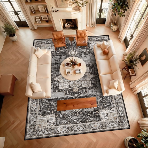 RUUGME Washable 10x14 Area Rug - Soft Area Rugs for Living Room Stain Resistant Carpet Vintage Lightweight Rugs for Bedroom with Non Slip Backing Indoor Ultra-Thin Rugs Home Decor 10x14 Black