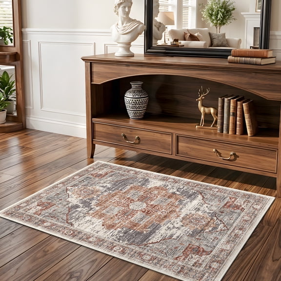 RUUGME Washable 2x3 Area Rugs - Large Boho Rugs for Living Room Stain Resistant Carpet Vintage Tribal Rugs for Bedroom Kitchen Bathroom with Non Slip Backing Home Decor Floor Decoration Mat 2x3 Brick