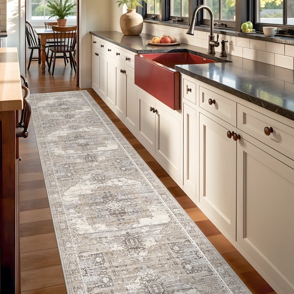 RUUGME Washable 3X14 Runner Rugs - Large Boho Rugs for Living Room Stain Resistant Carpet Vintage Tribal Rugs for Bedroom Kitchen Bathroom Non Slip Backing Home Decor Floor Decoration Mat 3X14 Beige