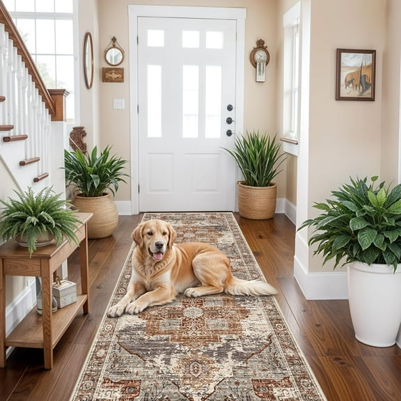 RUUGME Washable 3X8 Runner Rugs - Large Boho Rugs for Living Room Stain Resistant Carpet Vintage Tribal Rugs for Bedroom Kitchen Bathroom Non Slip Backing Home Decor Floor Decoration Mat 3X8 Brick