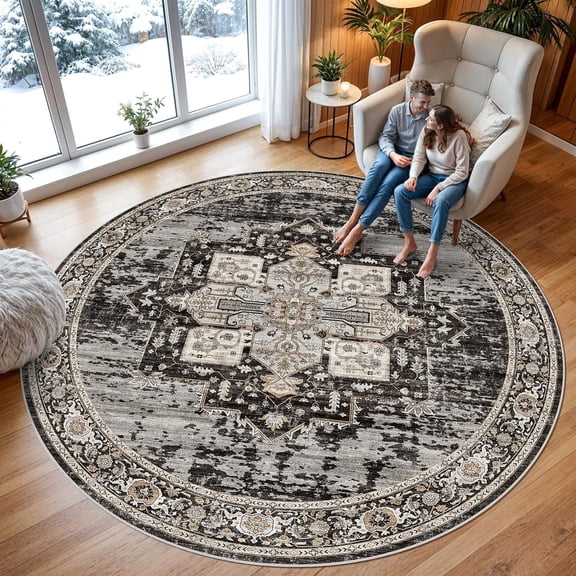 RUUGME Washable 9ft Round Rug - Large Boho Rugs for Living Room Stain Resistant Carpet Vintage Tribal Rugs for Bedroom Kitchen Dining Room with Non Slip Backing Decor Floor Mat 9ft Black
