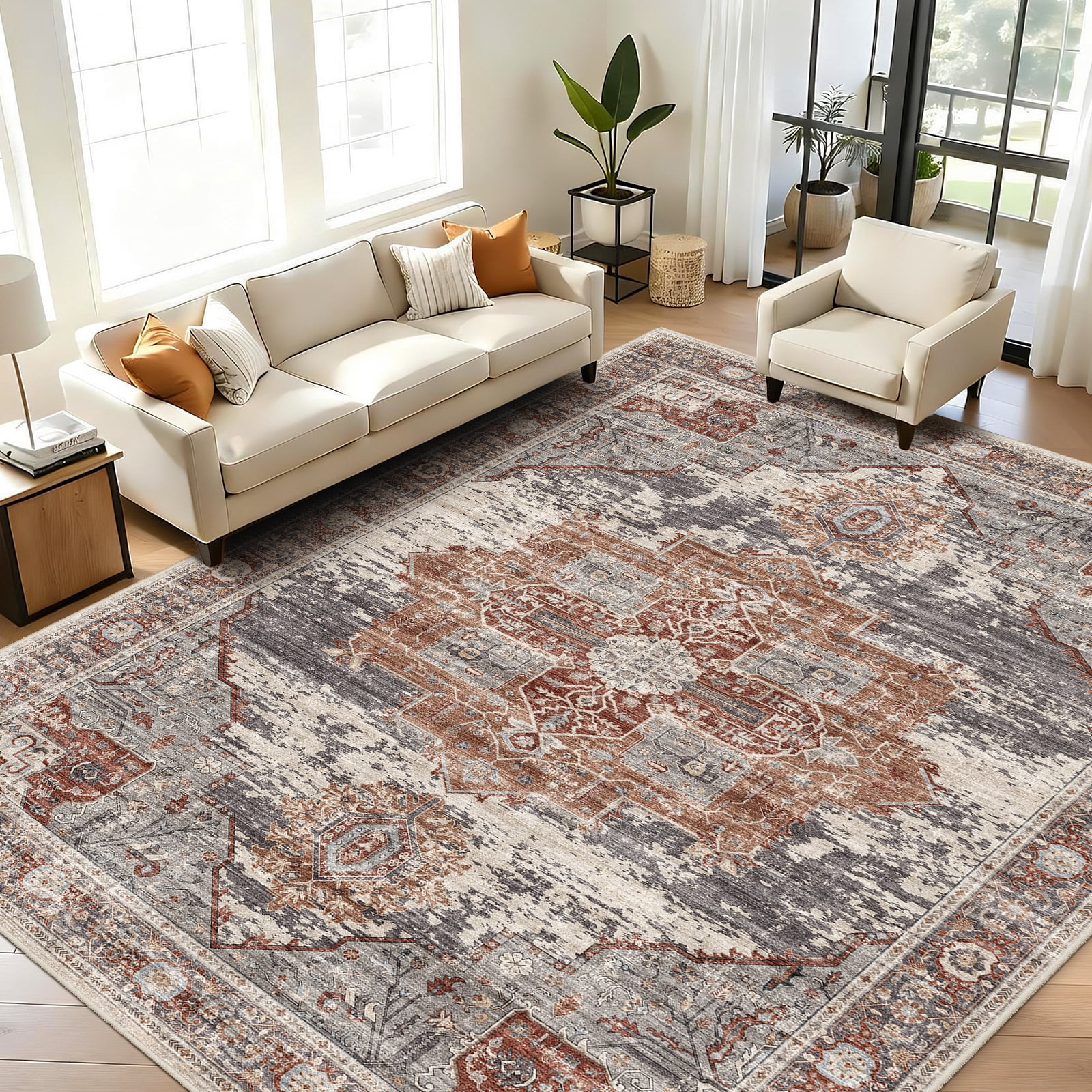 RUUGME Washable 9x12 Area Rugs - Large Rugs for Living Room Stain Resistant Carpet Vintage Rugs for Bedroom with Non Slip Backing Home Decor Floor Decoration Mat (9x12 Brick)