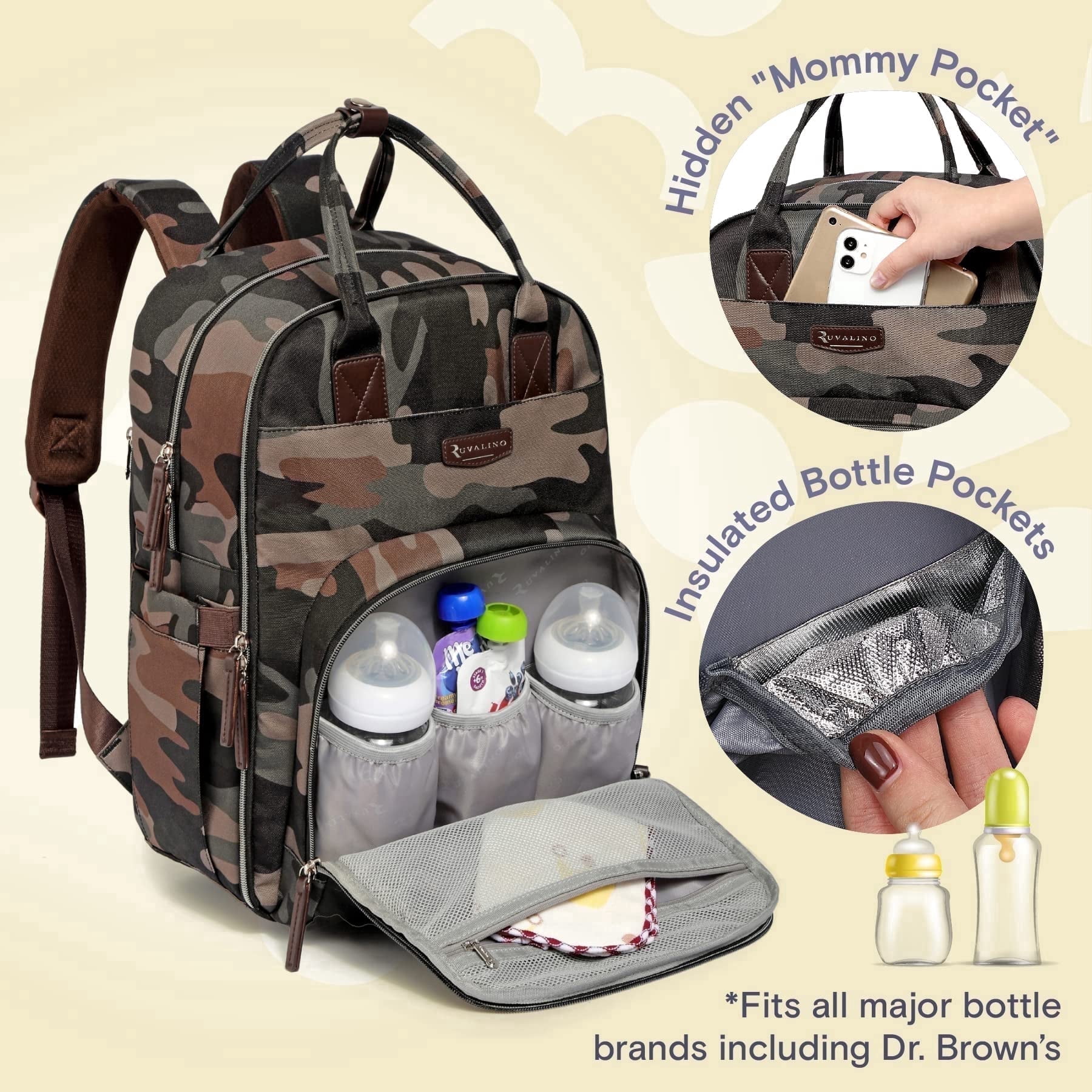 Ruvalino Baby Diaper Backpack for Infants and Toddlers, Travel Bag with Extra Durable Fabric and Foldable Changing Pad, Waterproof, Green Camo