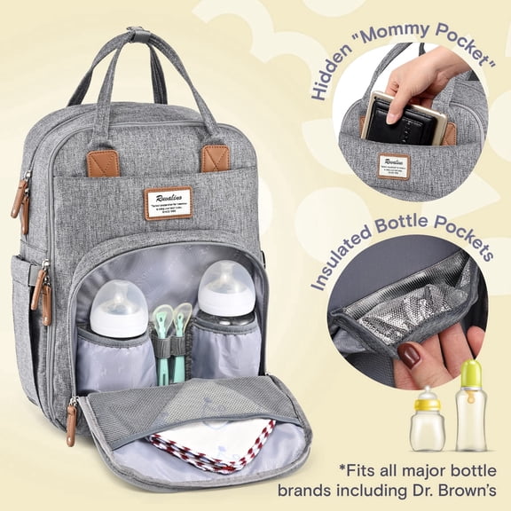 Ruvalino Baby Diaper Bag Backpack, Waterptoof Large Multifunctional Travel Bag with Extra Durable Fabric and Foldable Changing Pad included, Gray