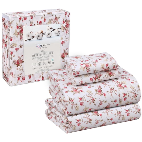 RUVANTI 100% Cotton Sheets – California King Percale Bedding, Cooling & Breathable Floral Design, Durable with a Crisp, Soft & Comfortable Feel, 14" Deep Pocket, 4-Piece Set, Bouquet