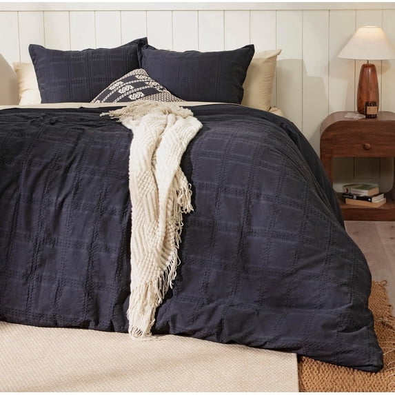 RUVANTI 100% Cotton Waffle Weave King Duvet Cover Set - Pre-Washed Soft Cozy Textured Bedding, 3-Piece, 8 Corner Ties, Breathable, Charcoal (Big Box)