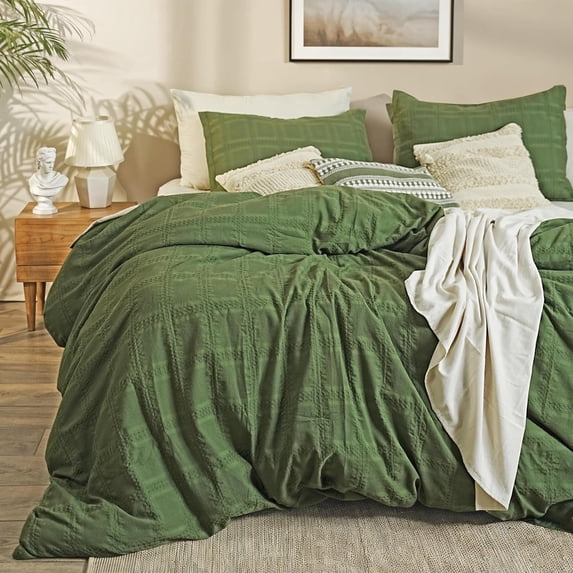 RUVANTI 100% Cotton Duvet Cover Waffle Weave - Big Box - Olive Green - King - 3 Pieces