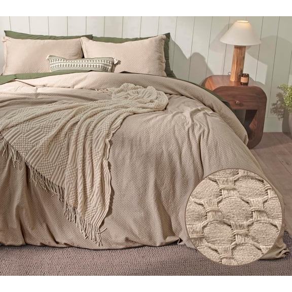 RUVANTI 100% Cotton Waffle Weave Queen Duvet Cover Set - Pre-Washed Soft Cozy Textured Bedding, 3-Piece, 8 Corner Ties, Breathable, Khaki (Circle)