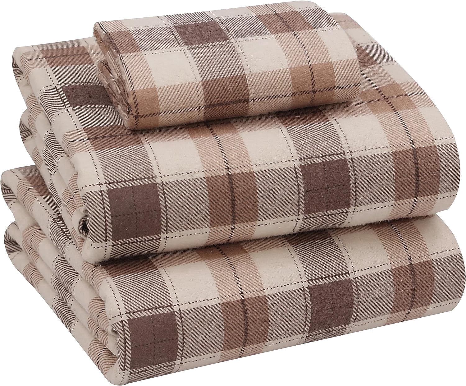 RUVANTI 100% Cotton Flannel Sheets - Double Brushed Split King Bed Sheet Sets - Deep Pocket 16 Inches - All Seasons Breathable, Super Soft, Warm & Cozy - 5 Pcs - Beige & Grey Plaid
