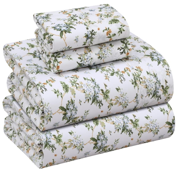 RUVANTI 100% Cotton Sheets – Full Size Percale Bedding, Cooling & Breathable Floral Design, Durable with a Crisp, Soft & Comfortable Feel, 16" Deep Pocket, 4-Piece Set, Heritage