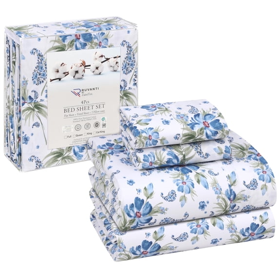 RUVANTI 100% Cotton Sheets – Full Size Percale Bedding, Cooling & Breathable Floral Design, Durable with a Crisp, Soft & Comfortable Feel, 16" Deep Pocket, 4-Piece Set, Paislyona