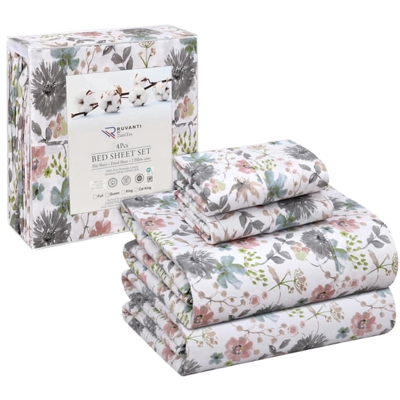 RUVANTI 100% Cotton Sheets – King Size Percale Bedding, Cooling & Breathable Floral Design, Durable with a Crisp, Soft & Comfortable Feel, 16" Deep Pocket, 4-Piece Set, Dandelion Field