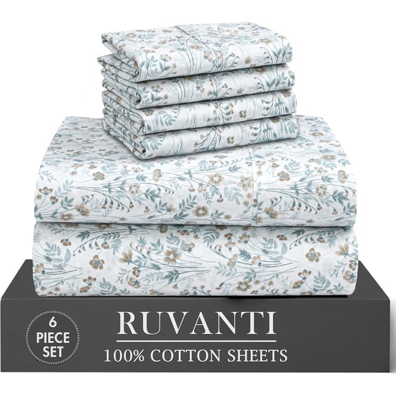 RUVANTI 100% Cotton Percale Sheets Queen Size 6 Piece Set, Cooling Bed Sheets for Hot Sleepers, Deep Pocket 16”, Breathable Lightweight & Durable, Crisp Hotel Style Sheets, Fleur & Field